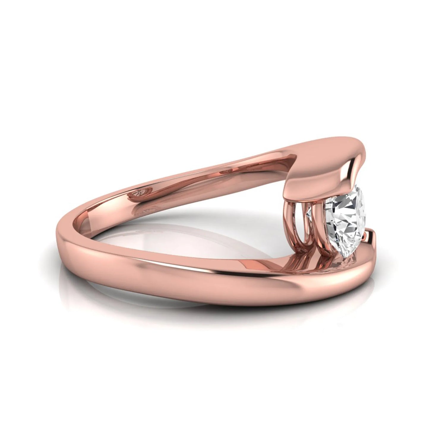 Round cut lab grown diamond solitaire engagement ring featuring a modern bypass rose gold band with an IGI certified center diamond.