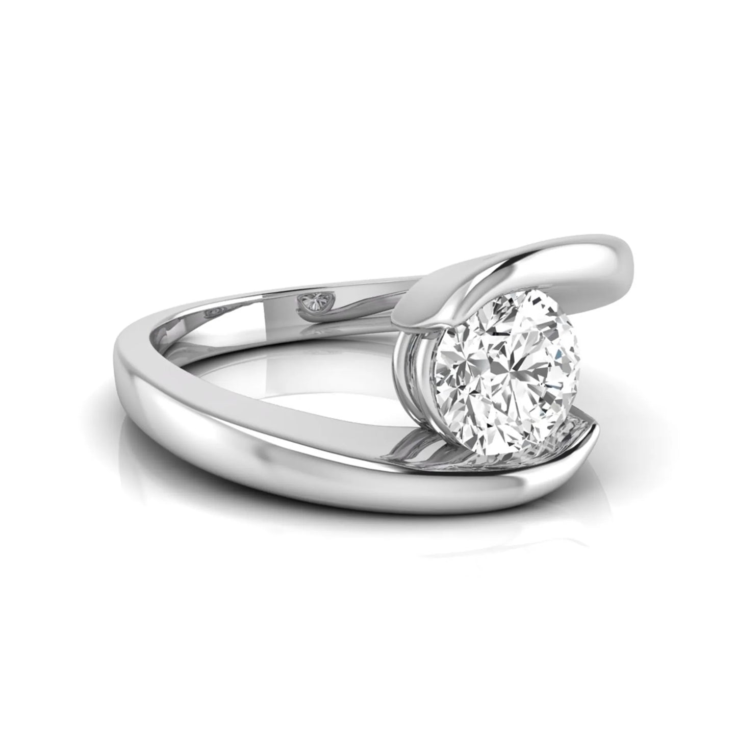 Round cut lab grown diamond solitaire engagement ring featuring a modern bypass white gold band with an IGI certified center diamond.