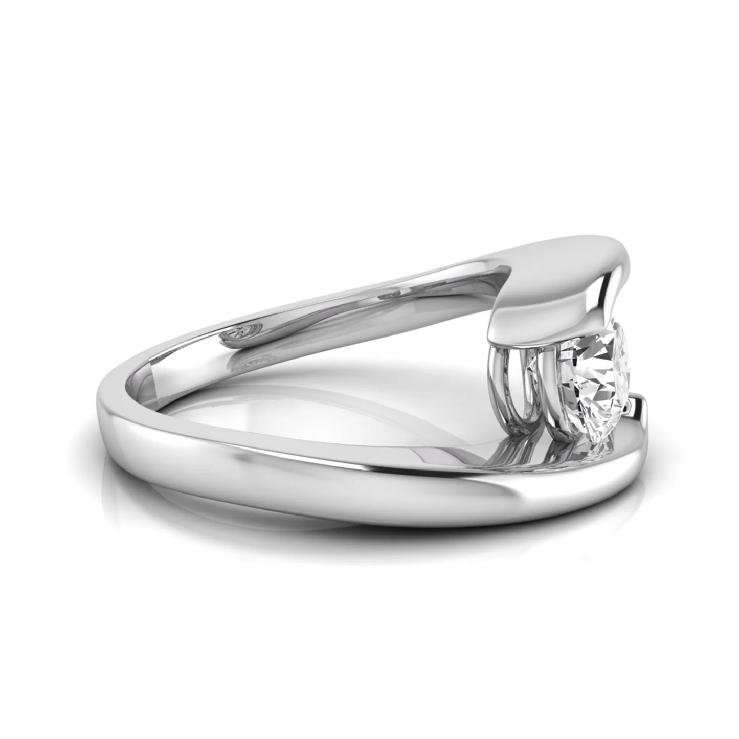 Round cut lab grown diamond solitaire engagement ring featuring a modern bypass white gold band with an IGI certified center diamond.