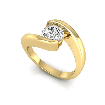 Round cut lab grown diamond solitaire engagement ring featuring a modern bypass yellow gold band with an IGI certified center diamond.