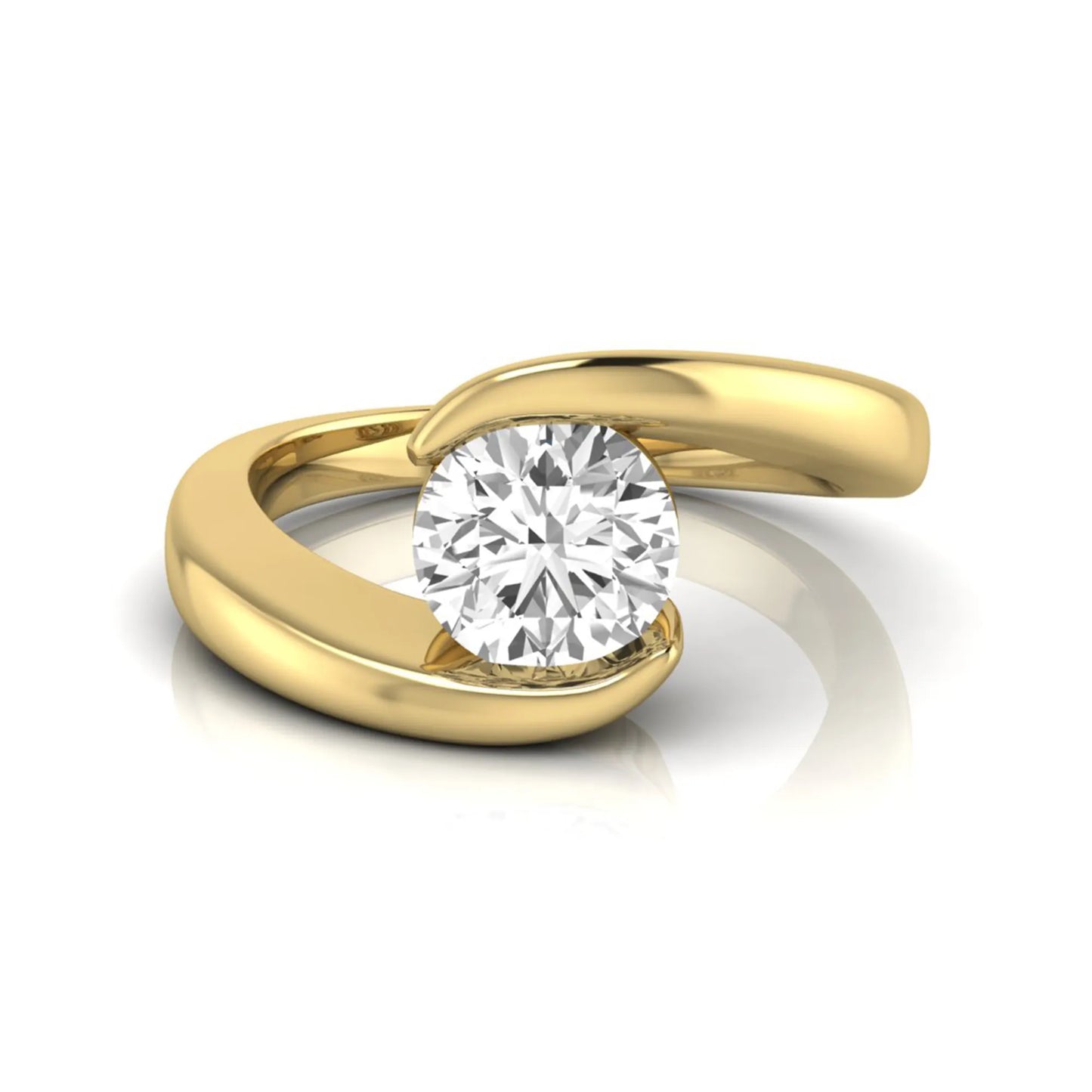 Round cut lab grown diamond solitaire engagement ring featuring a modern bypass yellow gold band with an IGI certified center diamond.
