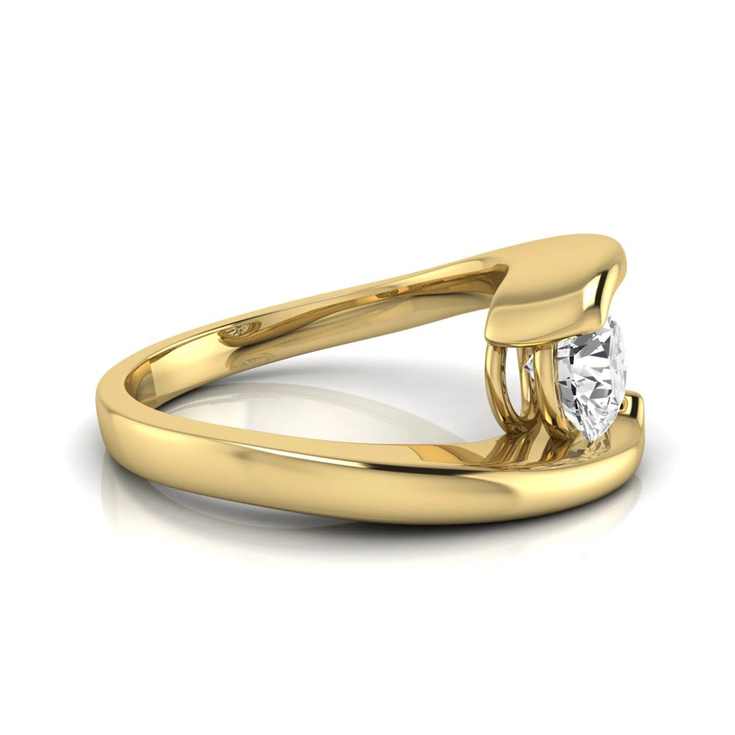 Round cut lab grown diamond solitaire engagement ring featuring a modern bypass yellow gold band with an IGI certified center diamond.