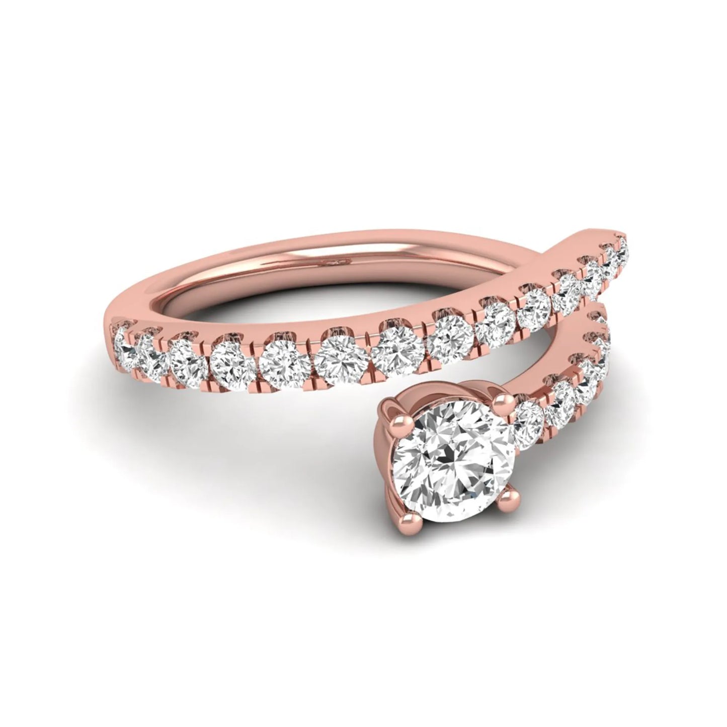 Round cut lab grown diamond bypass engagement ring with round pavé accent diamonds in a four-prong setting in rose gold