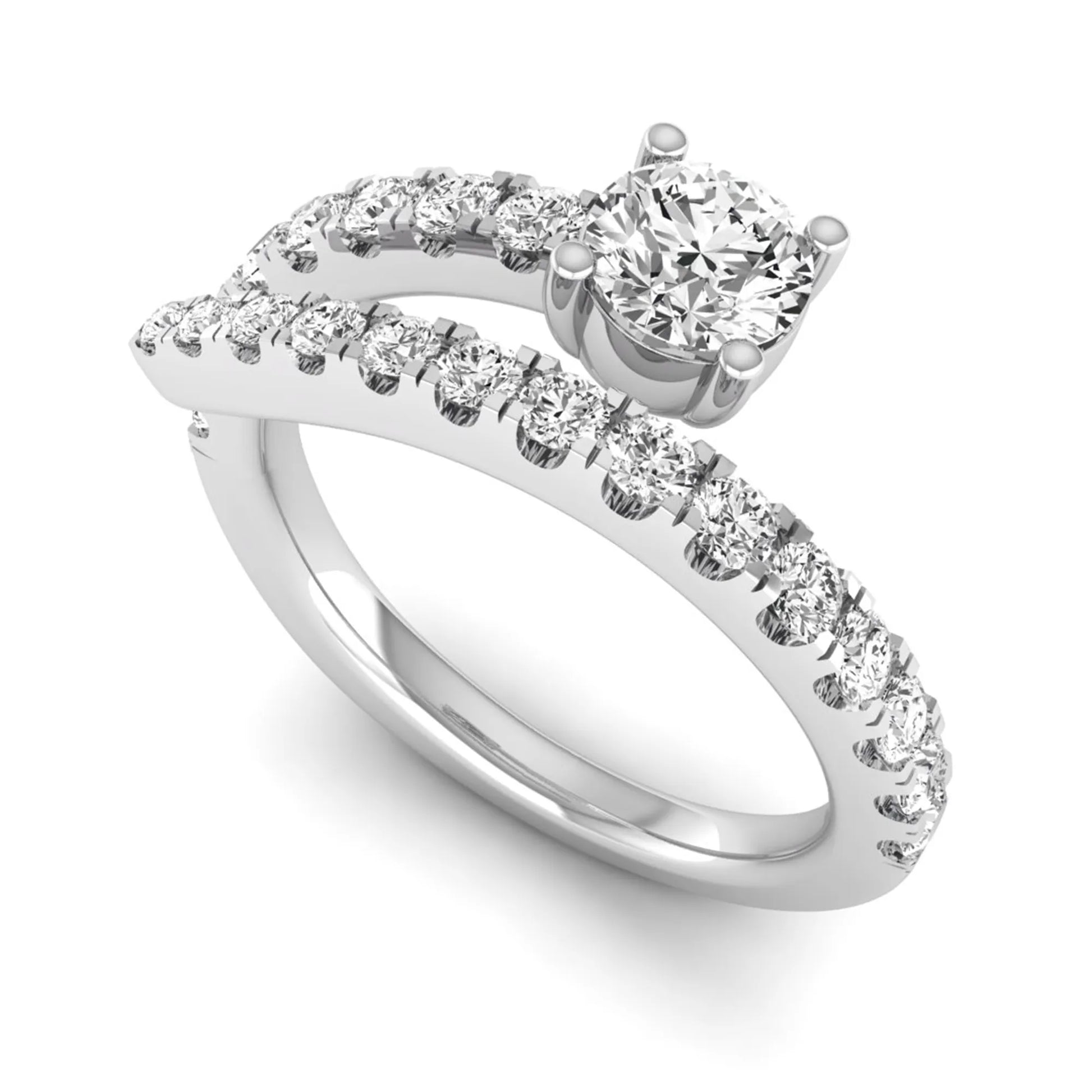 Round cut lab grown diamond bypass engagement ring with round pavé accent diamonds in a four-prong setting in white gold
