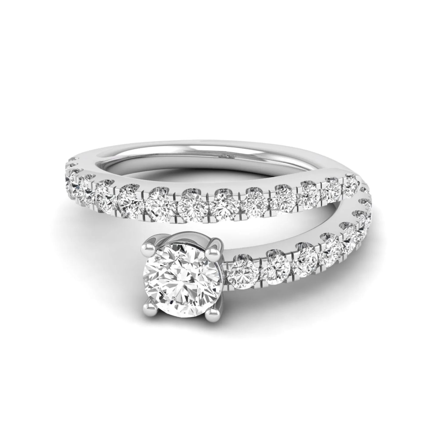Round cut lab grown diamond bypass engagement ring with round pavé accent diamonds in a four-prong setting in white gold