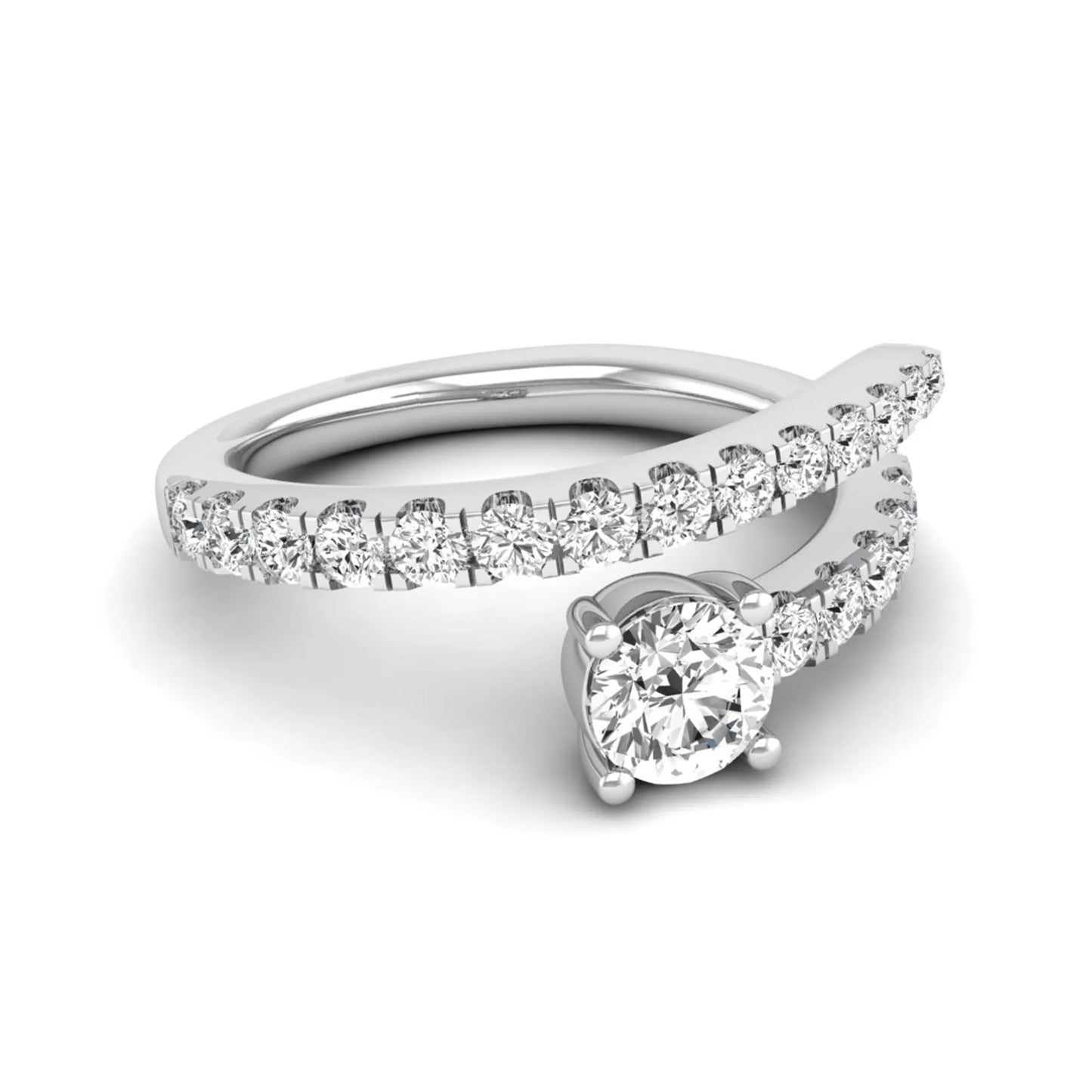 Round cut lab grown diamond bypass engagement ring with round pavé accent diamonds in a four-prong setting in white gold