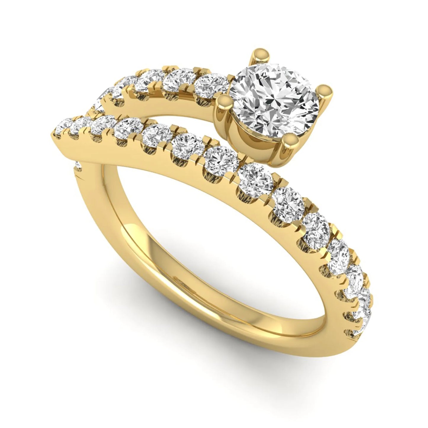 Round cut lab grown diamond bypass engagement ring with round pavé accent diamonds in a four-prong setting in yellow gold