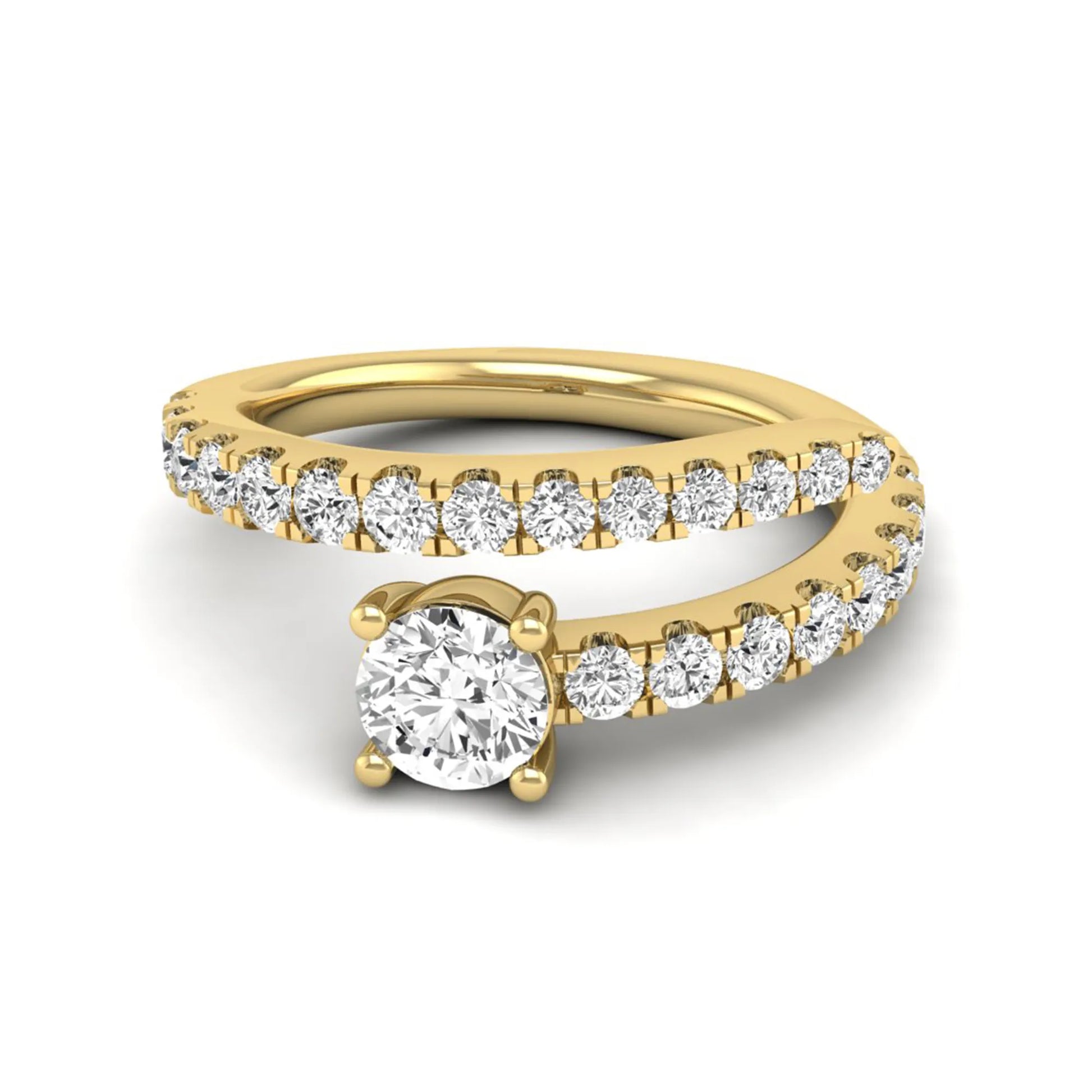 Round cut lab grown diamond bypass engagement ring with round pavé accent diamonds in a four-prong setting in yellow gold
