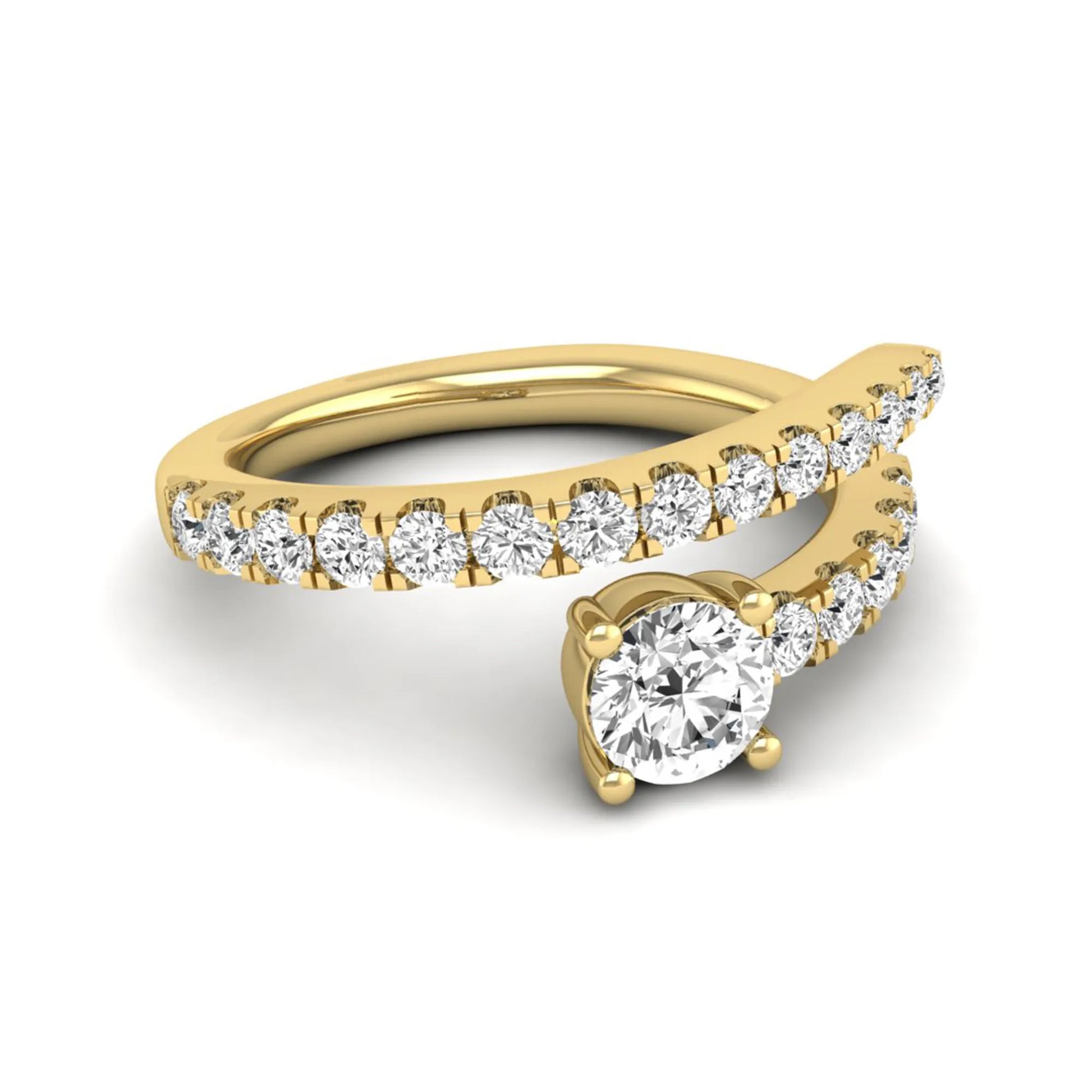 Round cut lab grown diamond bypass engagement ring with round pavé accent diamonds in a four-prong setting in yellow gold