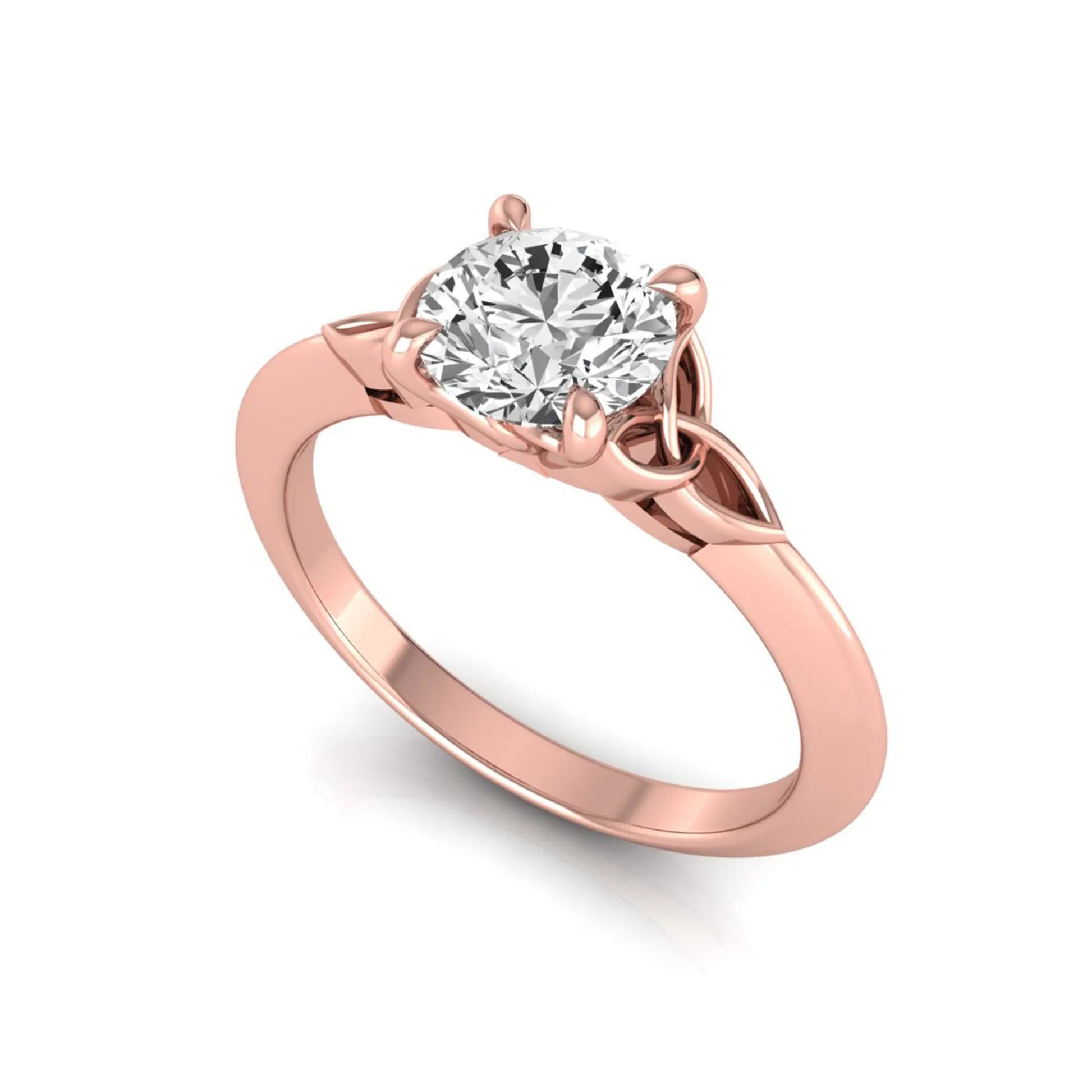 Round cut IGI certified lab grown diamond solitaire engagement ring featuring an elegant Celtic knot inspired gallery in a polished rose gold setting.