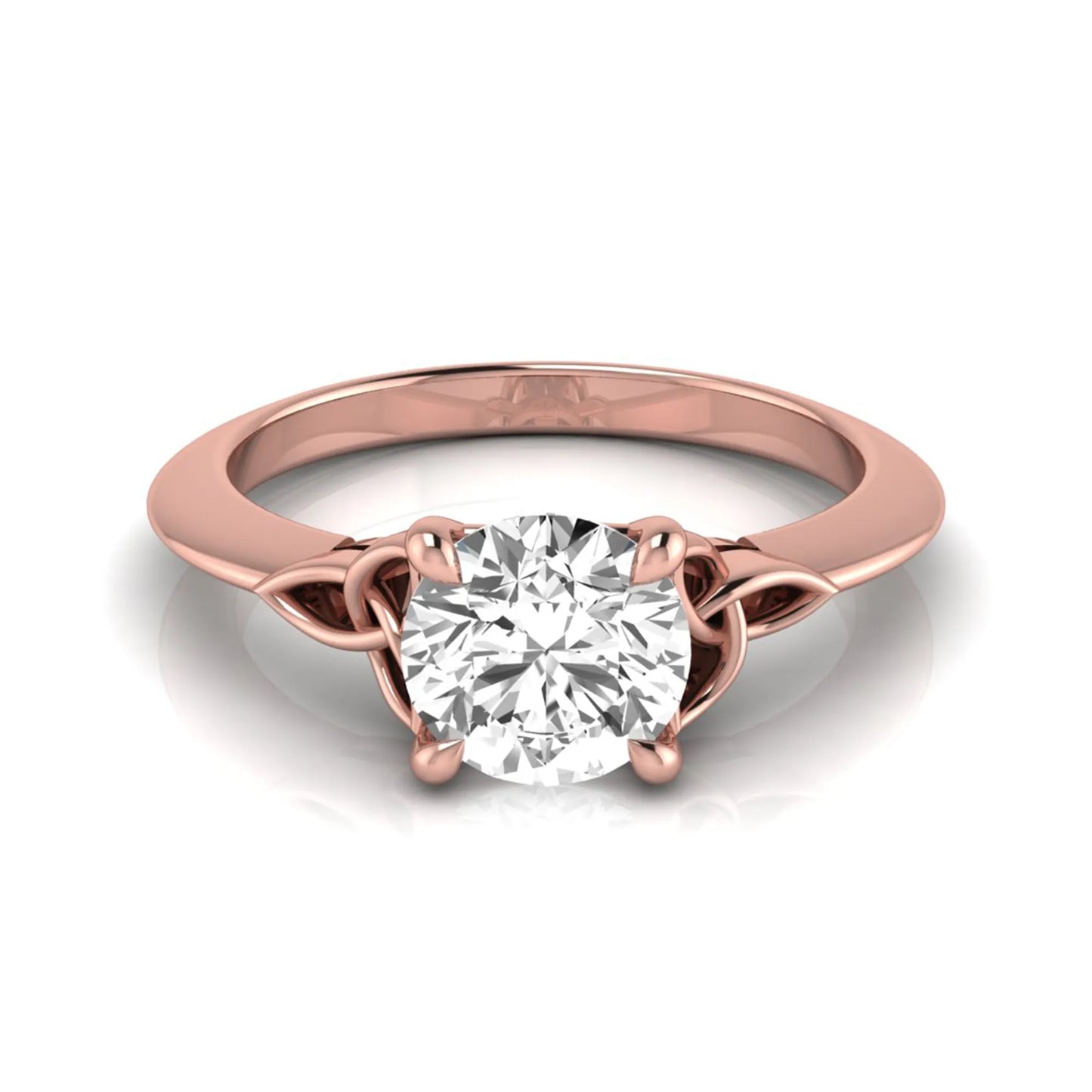 Round cut IGI certified lab grown diamond solitaire engagement ring featuring an elegant Celtic knot inspired gallery in a polished rose gold setting.