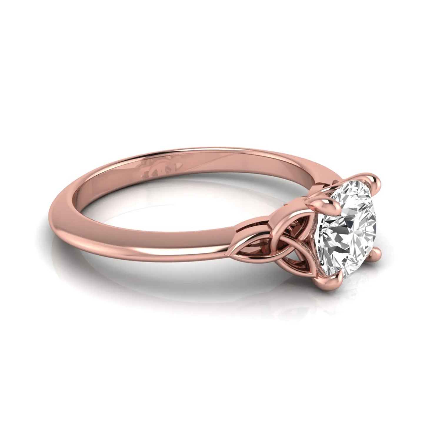 Round cut IGI certified lab grown diamond solitaire engagement ring featuring an elegant Celtic knot inspired gallery in a polished rose gold setting.