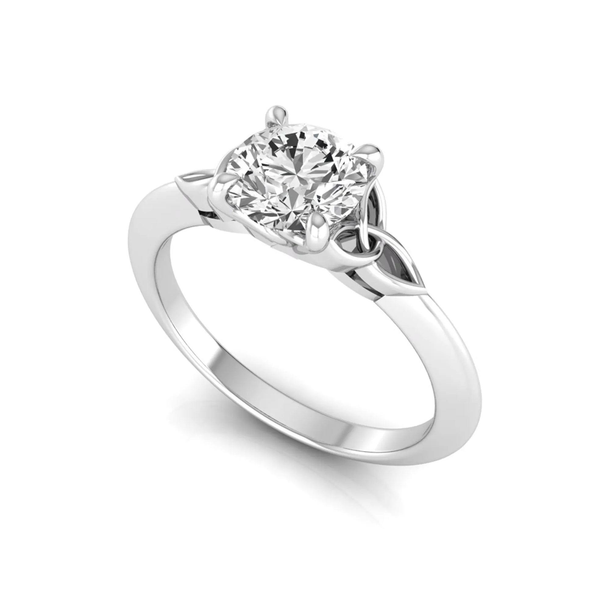 Round cut IGI certified lab grown diamond solitaire engagement ring featuring an elegant Celtic knot inspired gallery in a polished white gold setting.