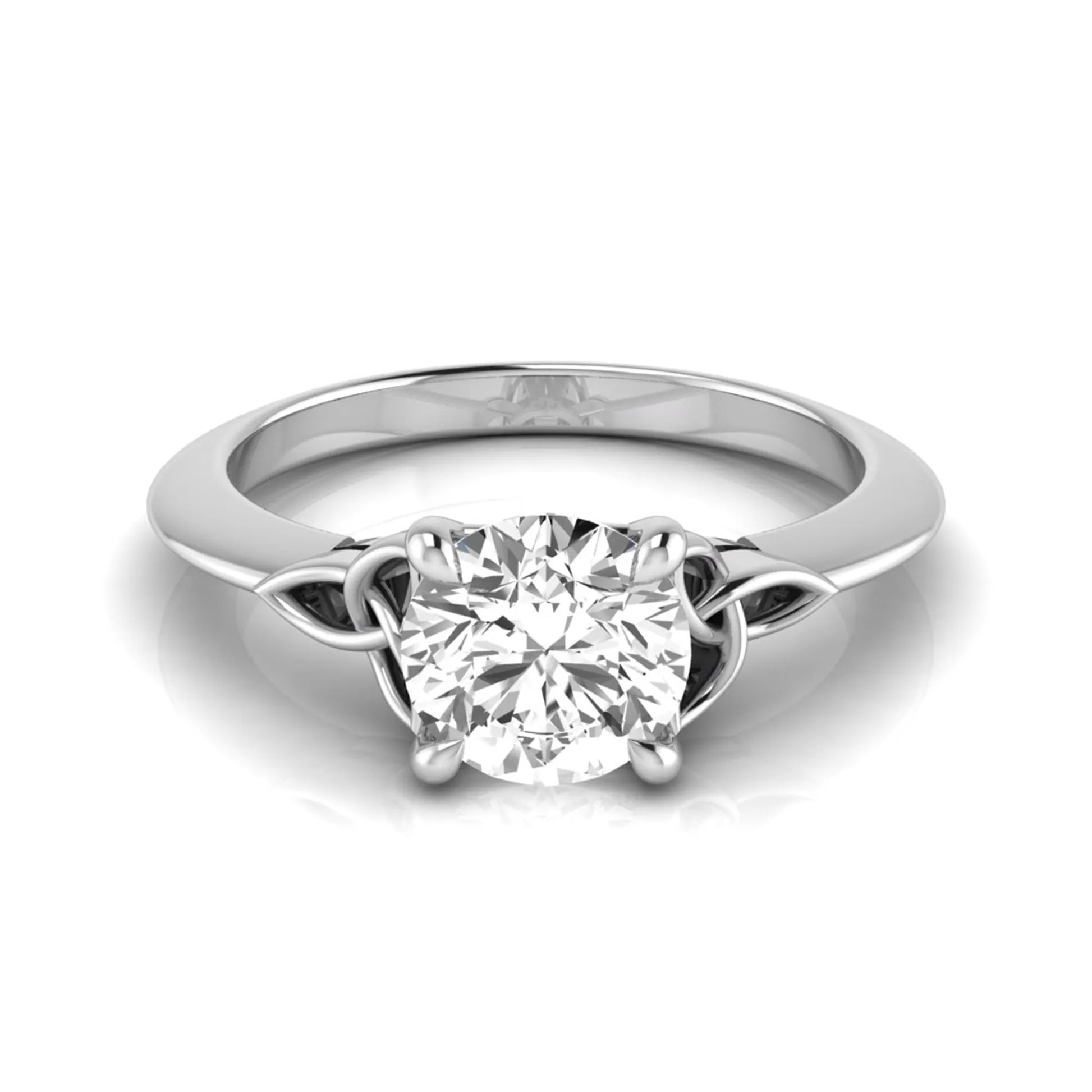 Round cut IGI certified lab grown diamond solitaire engagement ring featuring an elegant Celtic knot inspired gallery in a polished white gold setting.