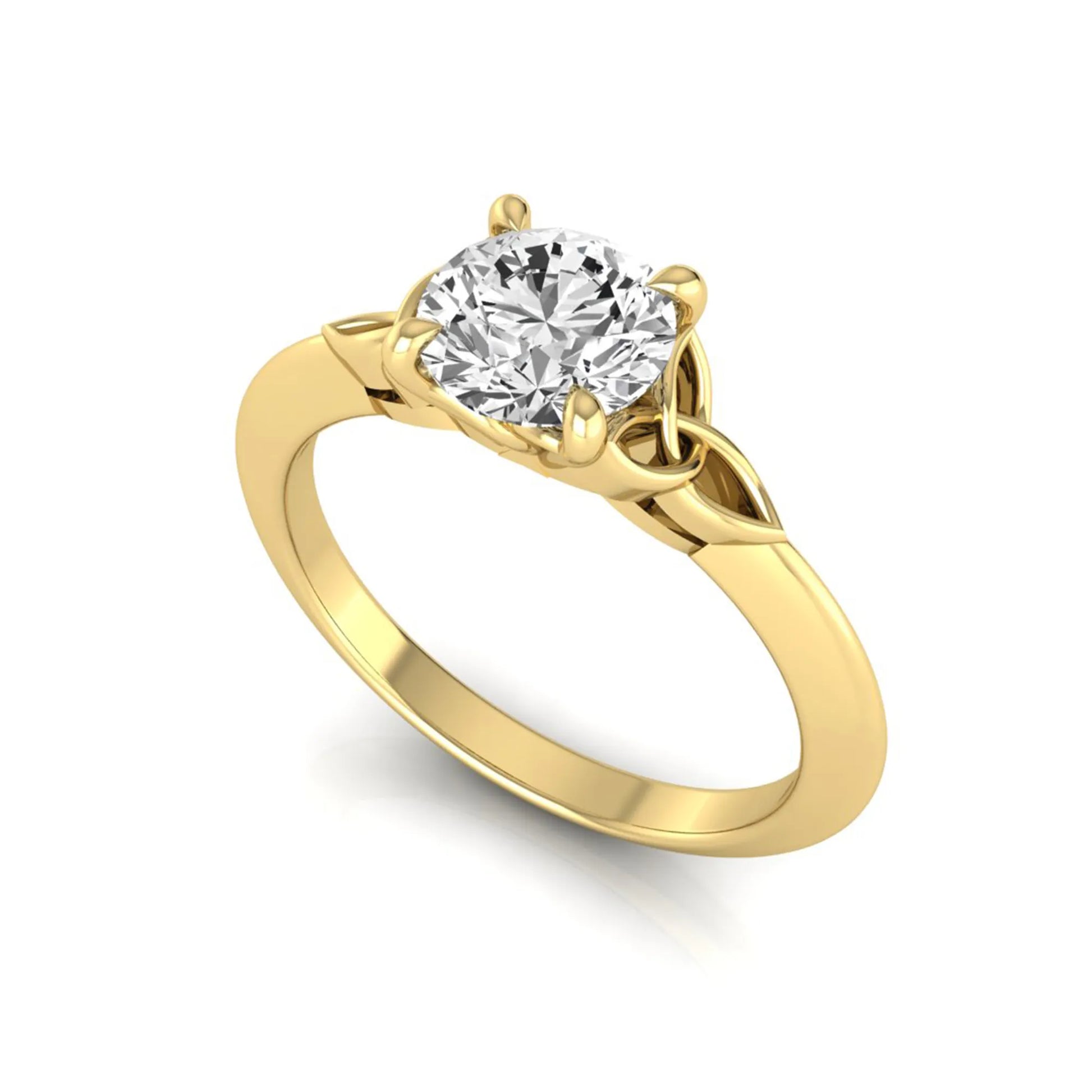 Round cut IGI certified lab grown diamond solitaire engagement ring featuring an elegant Celtic knot inspired gallery in a polished yellow gold setting.