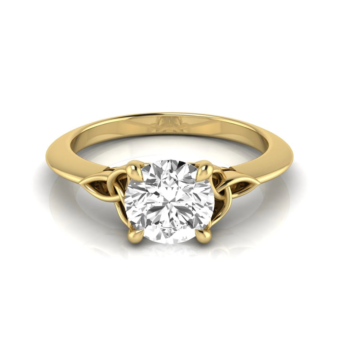 Round cut IGI certified lab grown diamond solitaire engagement ring featuring an elegant Celtic knot inspired gallery in a polished yellow gold setting.