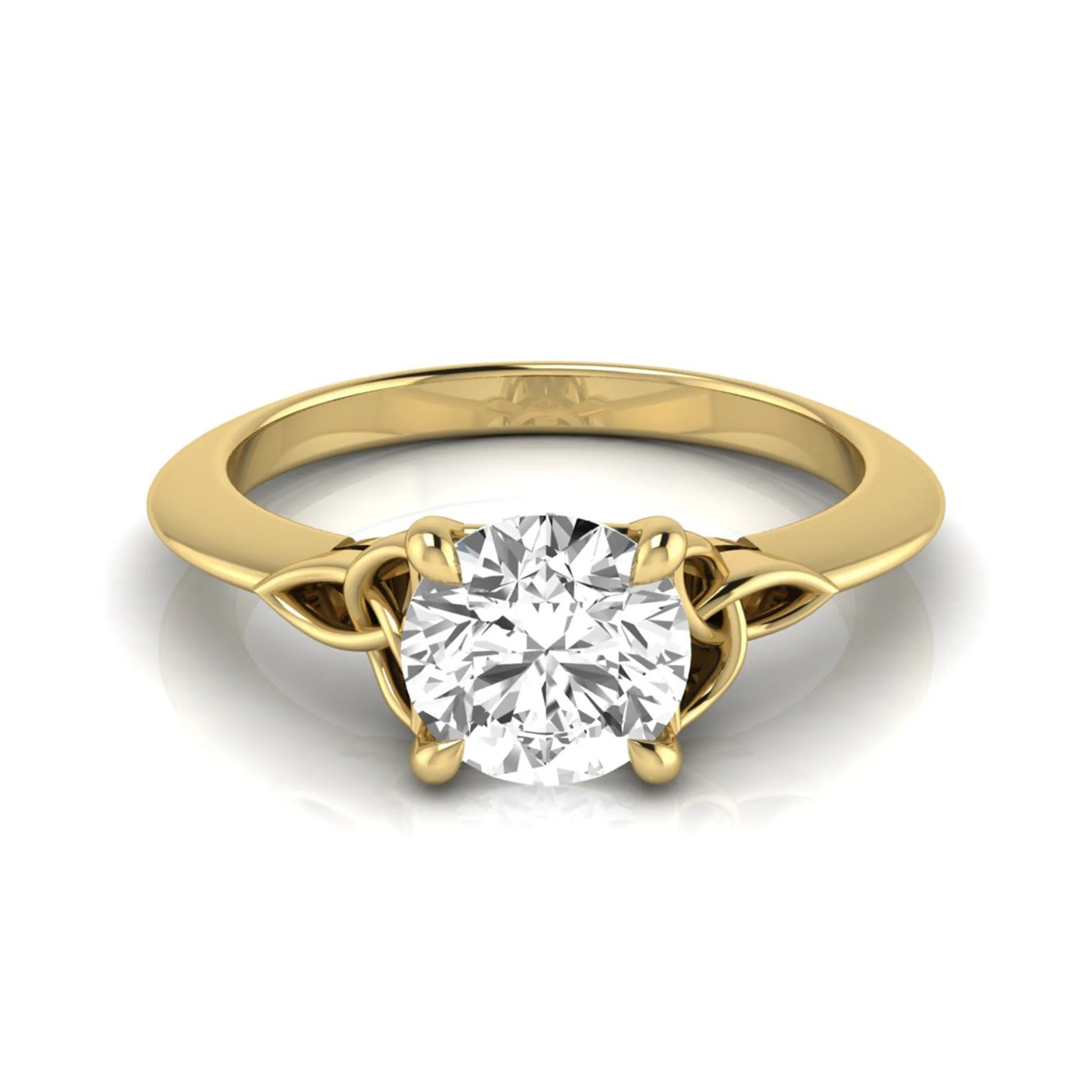 Round cut IGI certified lab grown diamond solitaire engagement ring featuring an elegant Celtic knot inspired gallery in a polished yellow gold setting.