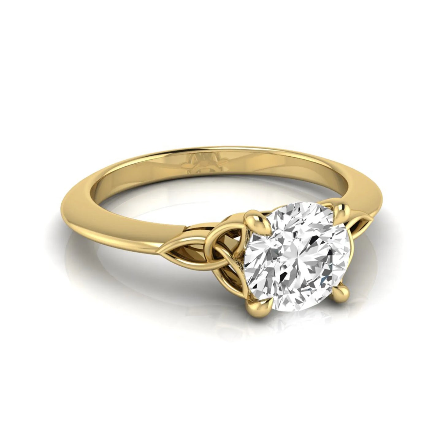 Round cut IGI certified lab grown diamond solitaire engagement ring featuring an elegant Celtic knot inspired gallery in a polished yellow gold setting.