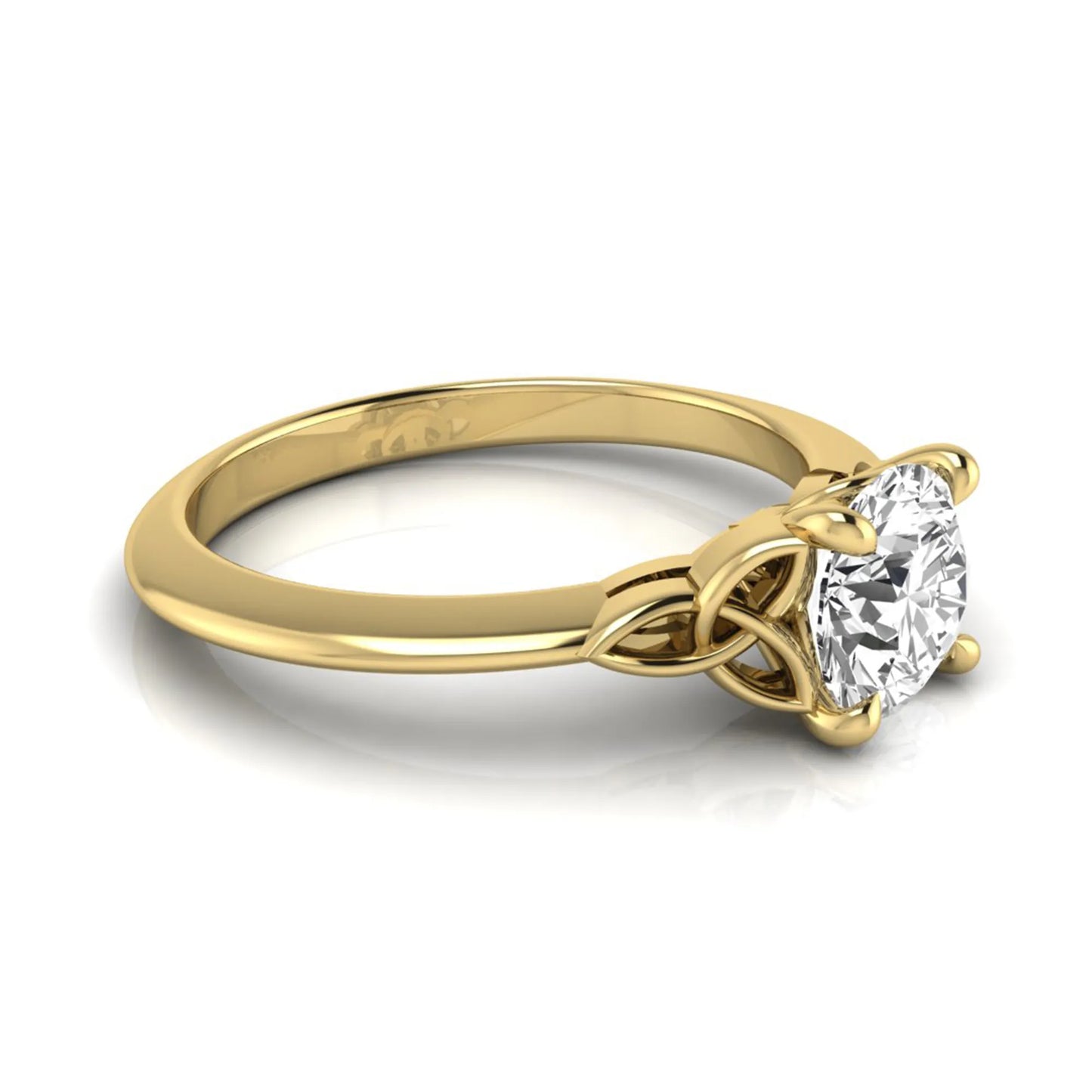 Round cut IGI certified lab grown diamond solitaire engagement ring featuring an elegant Celtic knot inspired gallery in a polished yellow gold setting.