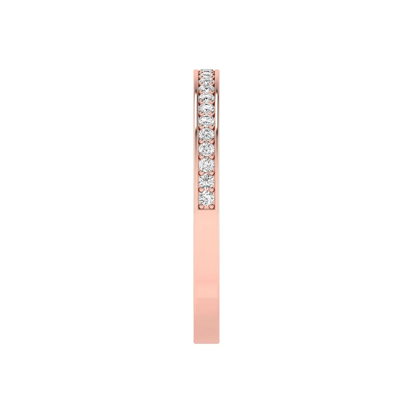 Round channel set lab grown diamond half eternity band ring featuring brilliant round diamonds in a slim stackable wedding band design in rose gold