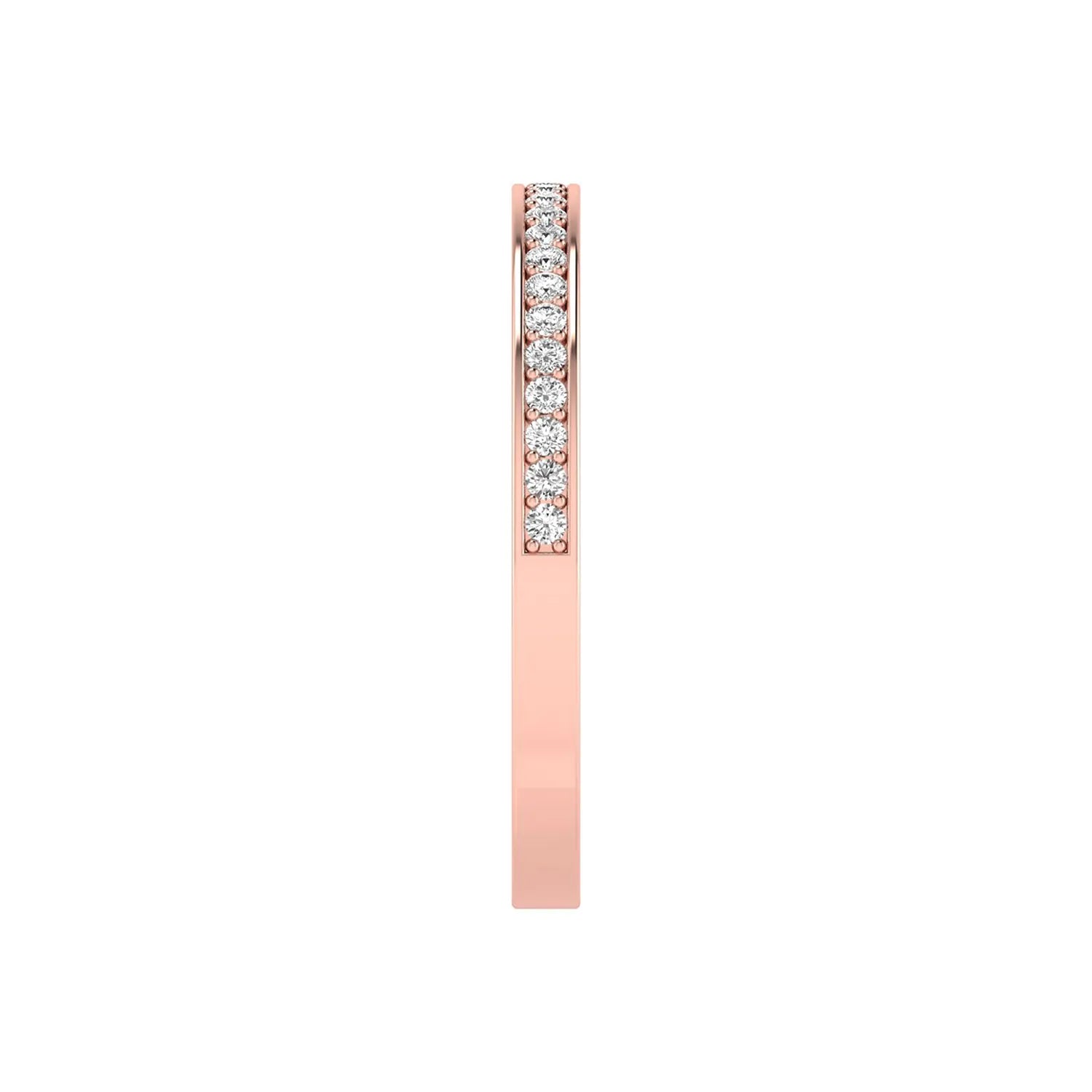Round channel set lab grown diamond half eternity band ring featuring brilliant round diamonds in a slim stackable wedding band design in rose gold