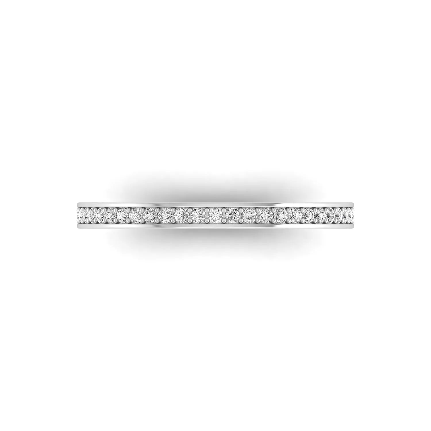Round channel set lab grown diamond half eternity band ring featuring brilliant round diamonds in a slim stackable wedding band design in white gold
