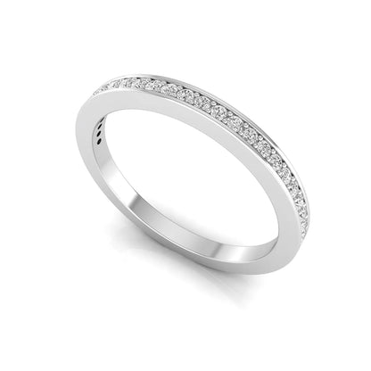 Round channel set lab grown diamond half eternity band ring featuring brilliant round diamonds in a slim stackable wedding band design in white gold