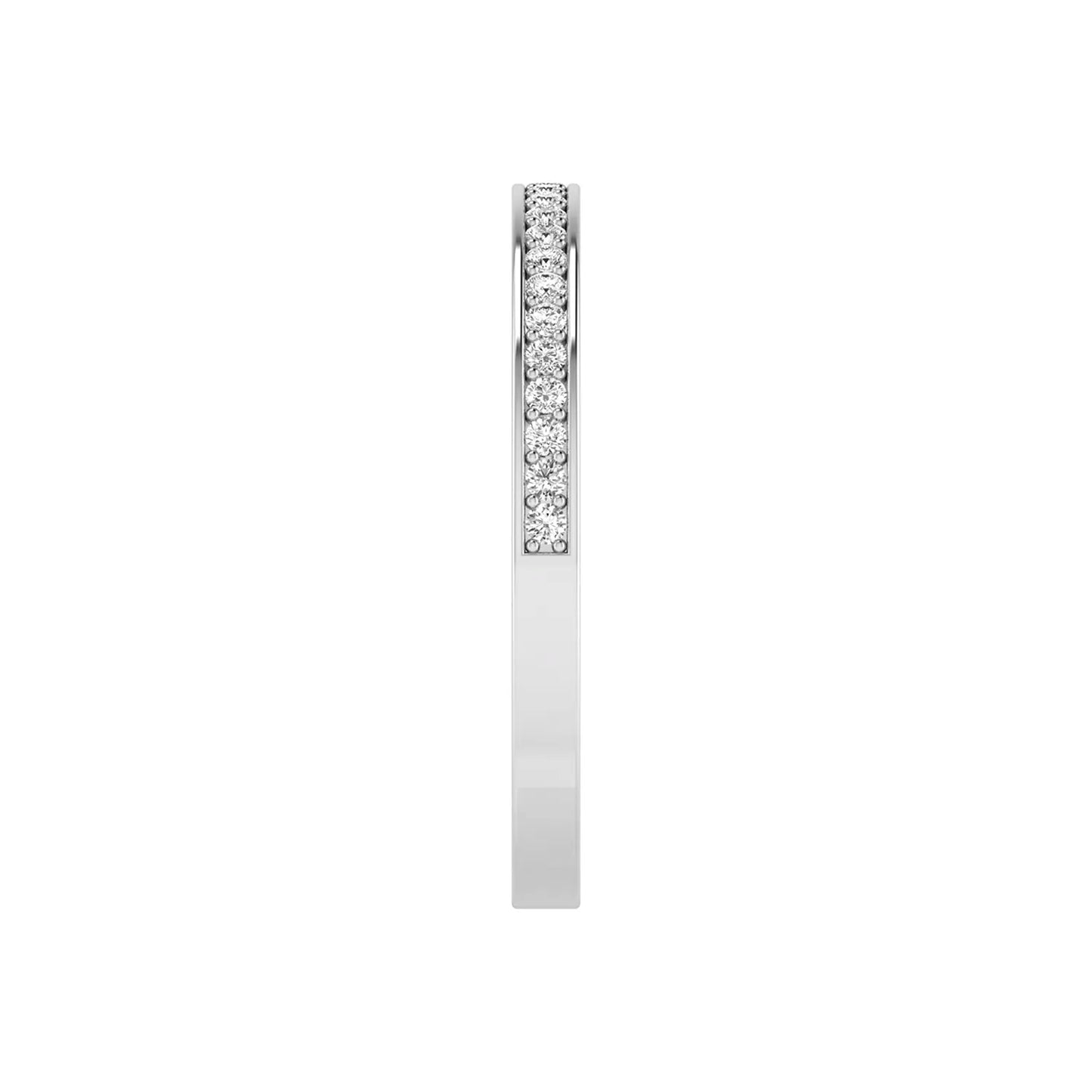 Round channel set lab grown diamond half eternity band ring featuring brilliant round diamonds in a slim stackable wedding band design in white gold