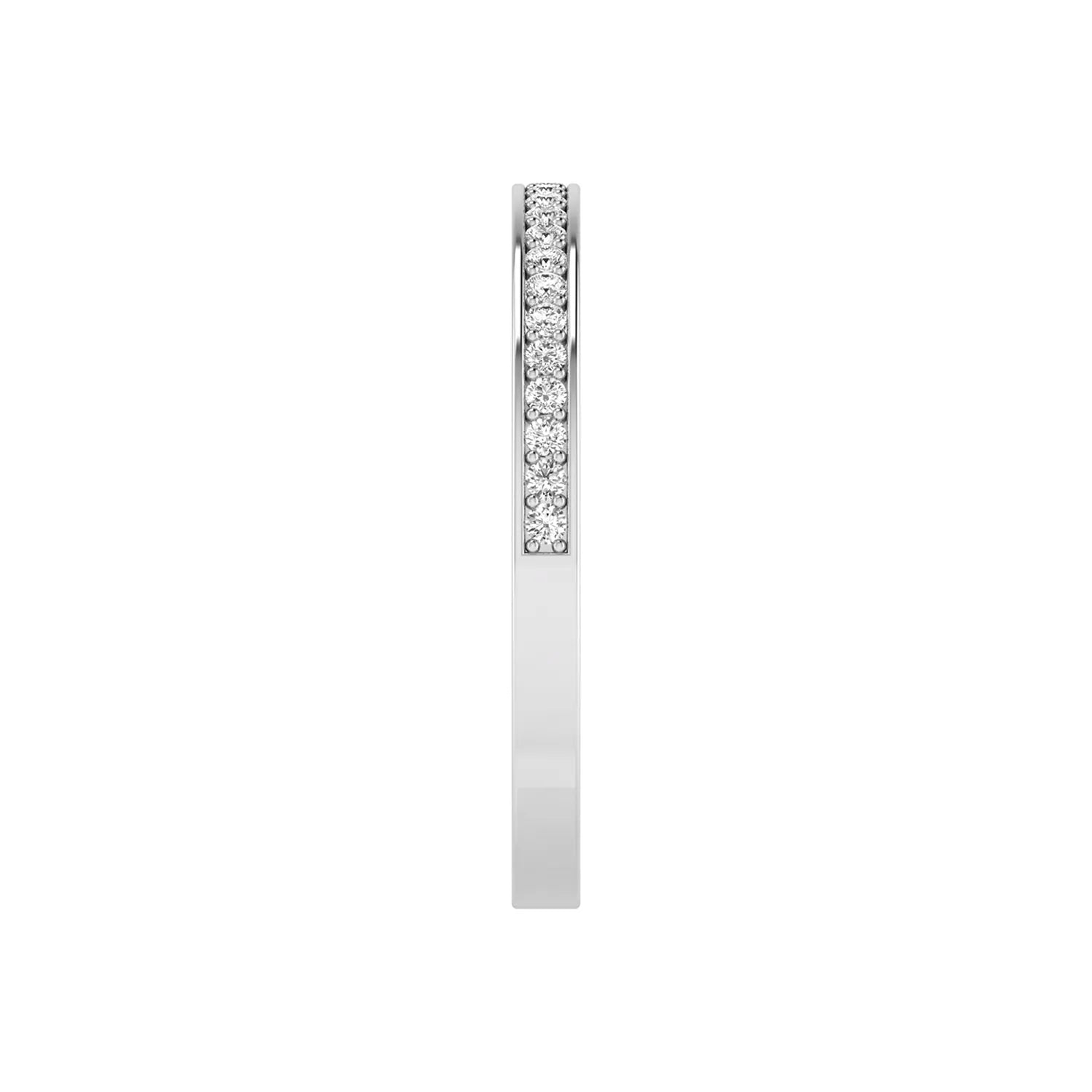 Round channel set lab grown diamond half eternity band ring featuring brilliant round diamonds in a slim stackable wedding band design in white gold