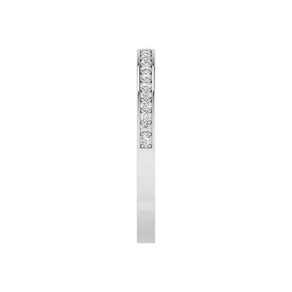 Round channel set lab grown diamond half eternity band ring featuring brilliant round diamonds in a slim stackable wedding band design in white gold