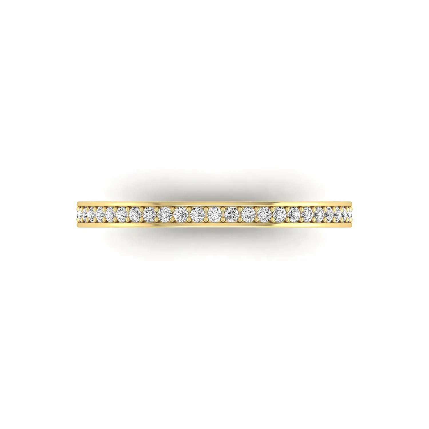 Round channel set lab grown diamond half eternity band ring featuring brilliant round diamonds in a slim stackable wedding band design in yellow gold