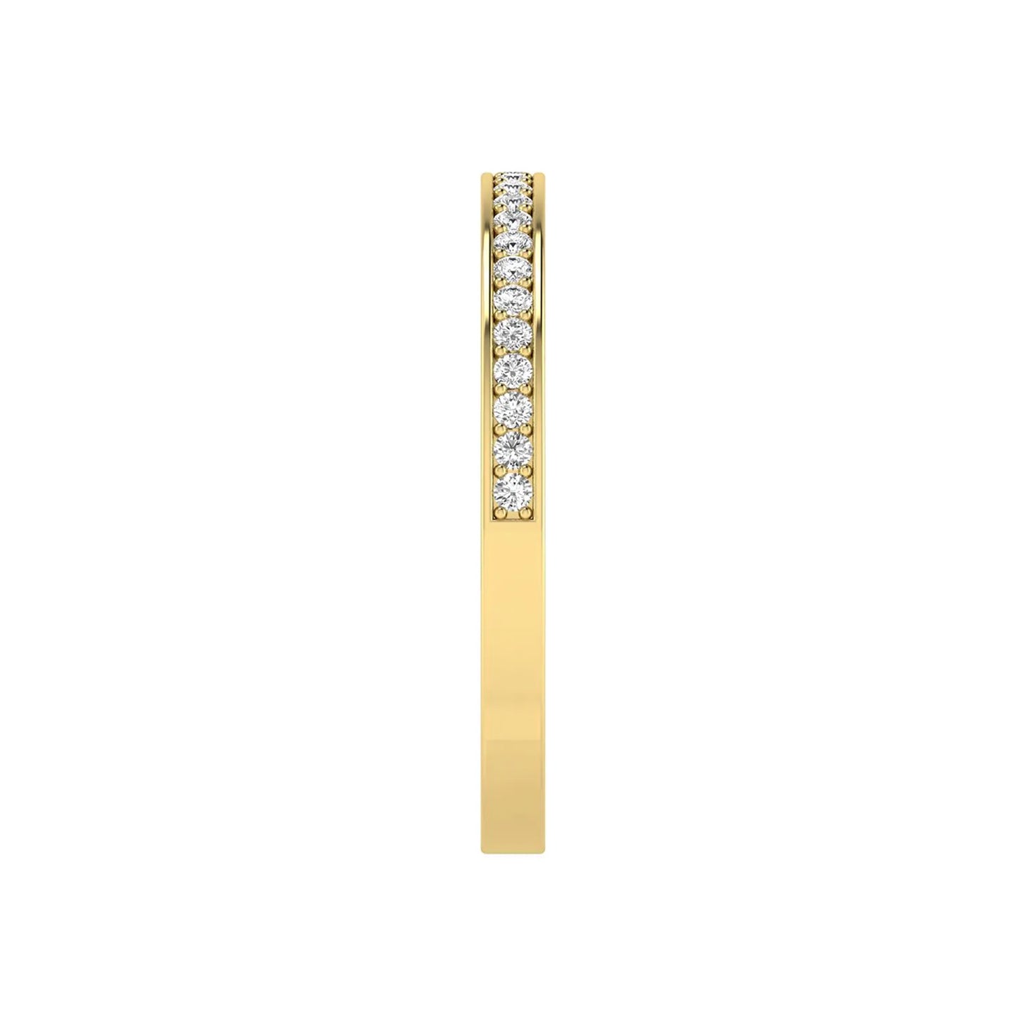 Round channel set lab grown diamond half eternity band ring featuring brilliant round diamonds in a slim stackable wedding band design in yellow gold