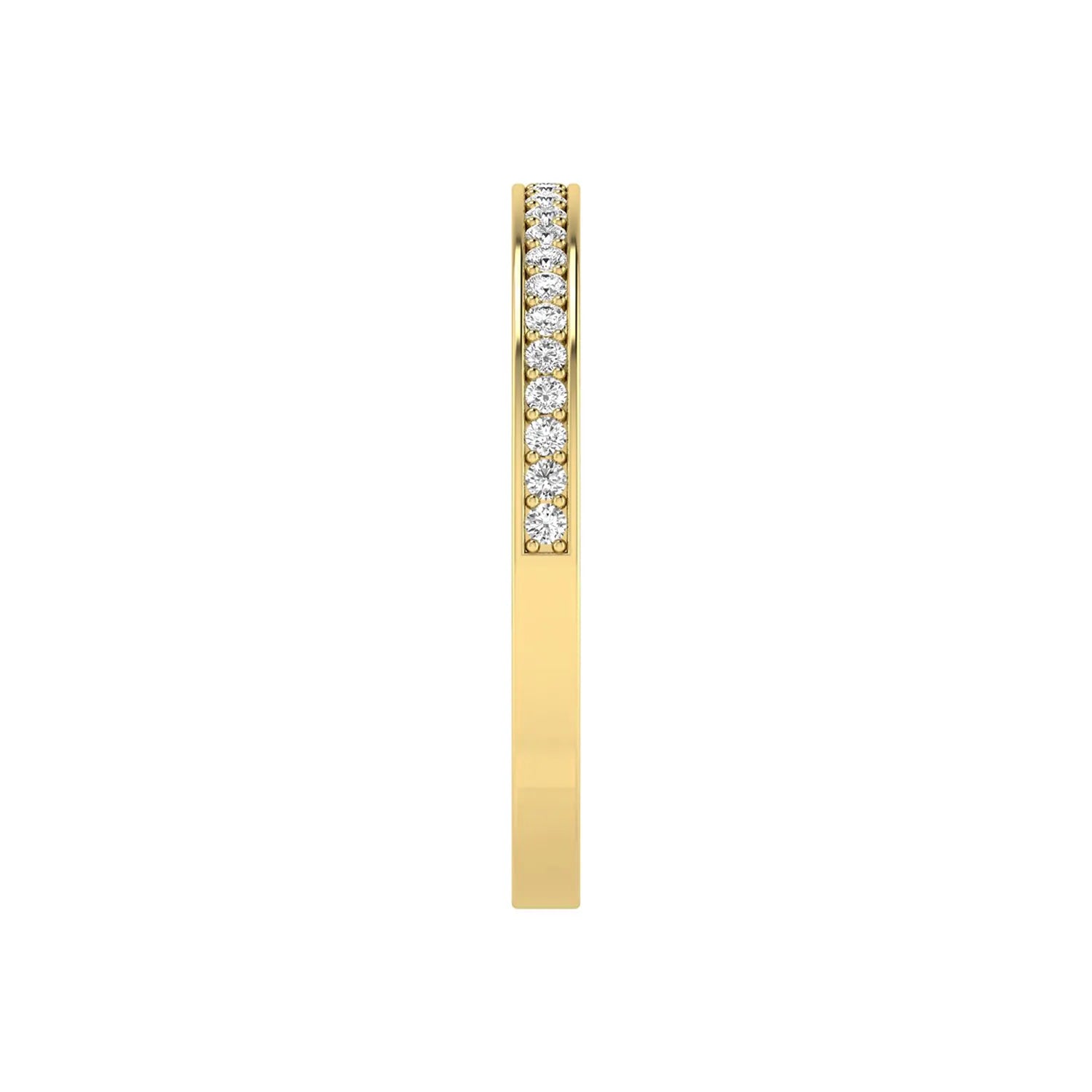 Round channel set lab grown diamond half eternity band ring featuring brilliant round diamonds in a slim stackable wedding band design in yellow gold