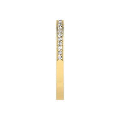 Round channel set lab grown diamond half eternity band ring featuring brilliant round diamonds in a slim stackable wedding band design in yellow gold