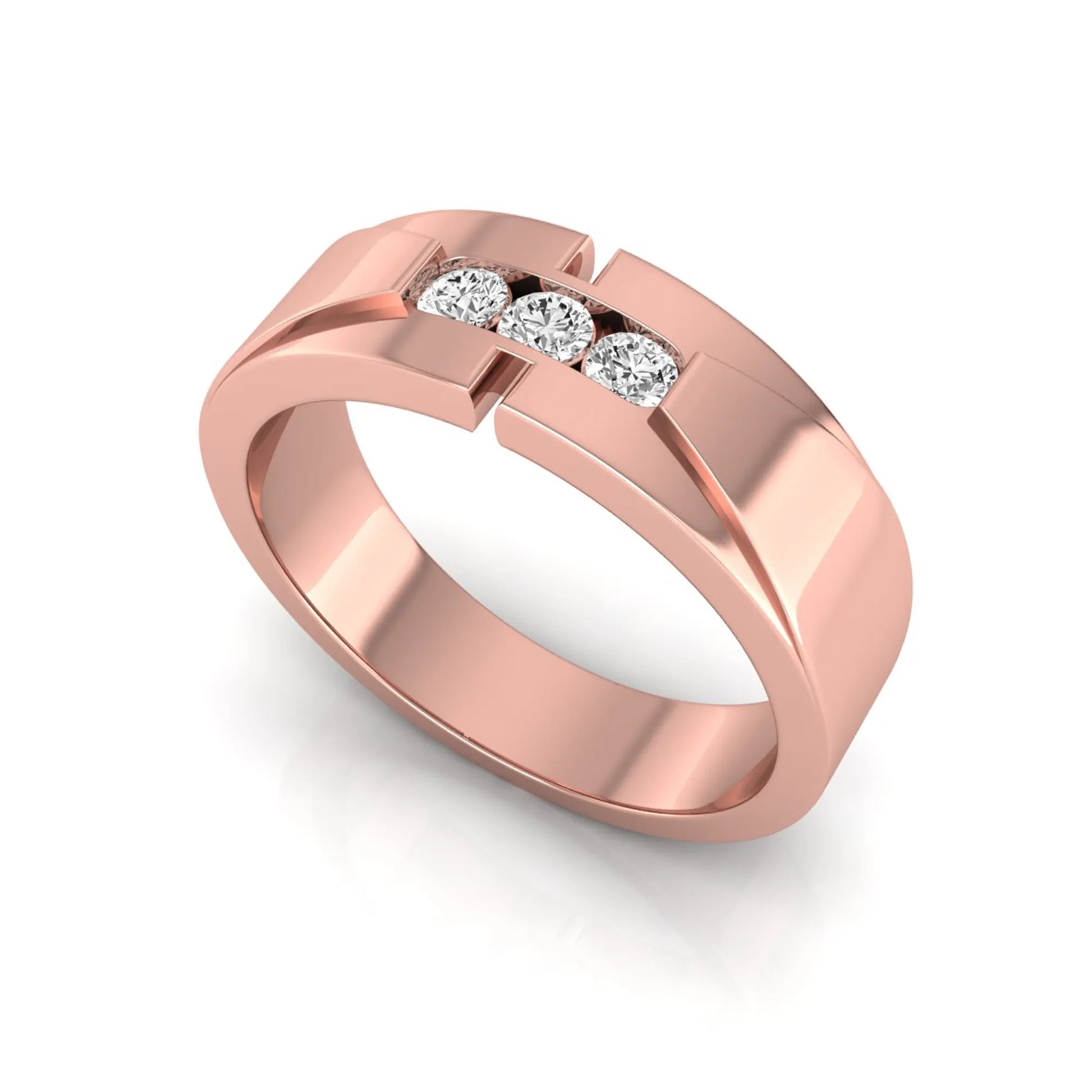 Round channel set lab grown diamond three stone ring with rose gold metal tone and modern geometric design.