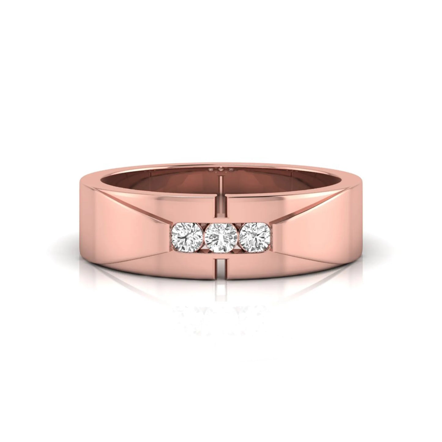 Round channel set lab grown diamond three stone ring with rose gold metal tone and modern geometric design.