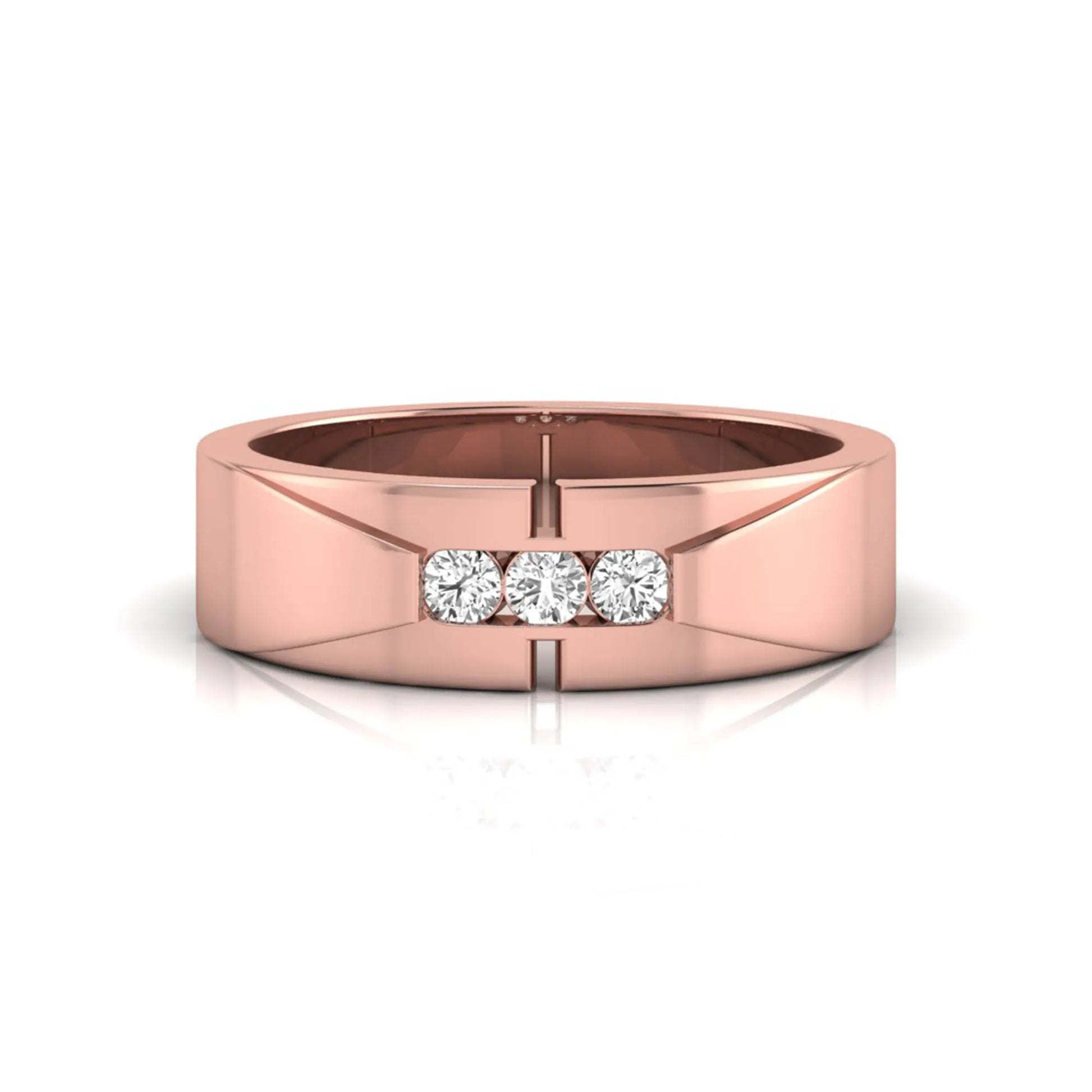Round channel set lab grown diamond three stone ring with rose gold metal tone and modern geometric design.