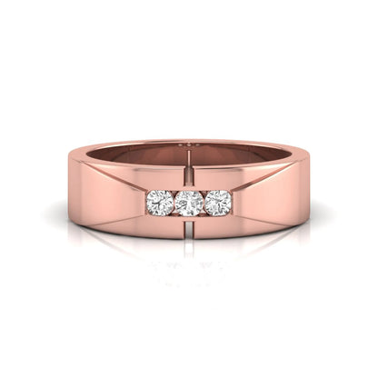 Round channel set lab grown diamond three stone ring with rose gold metal tone and modern geometric design.