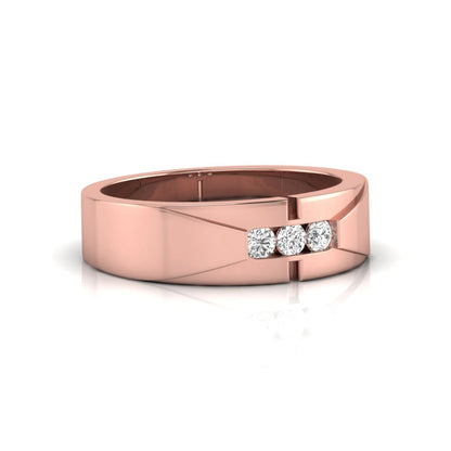 Round channel set lab grown diamond three stone ring with rose gold metal tone and modern geometric design.