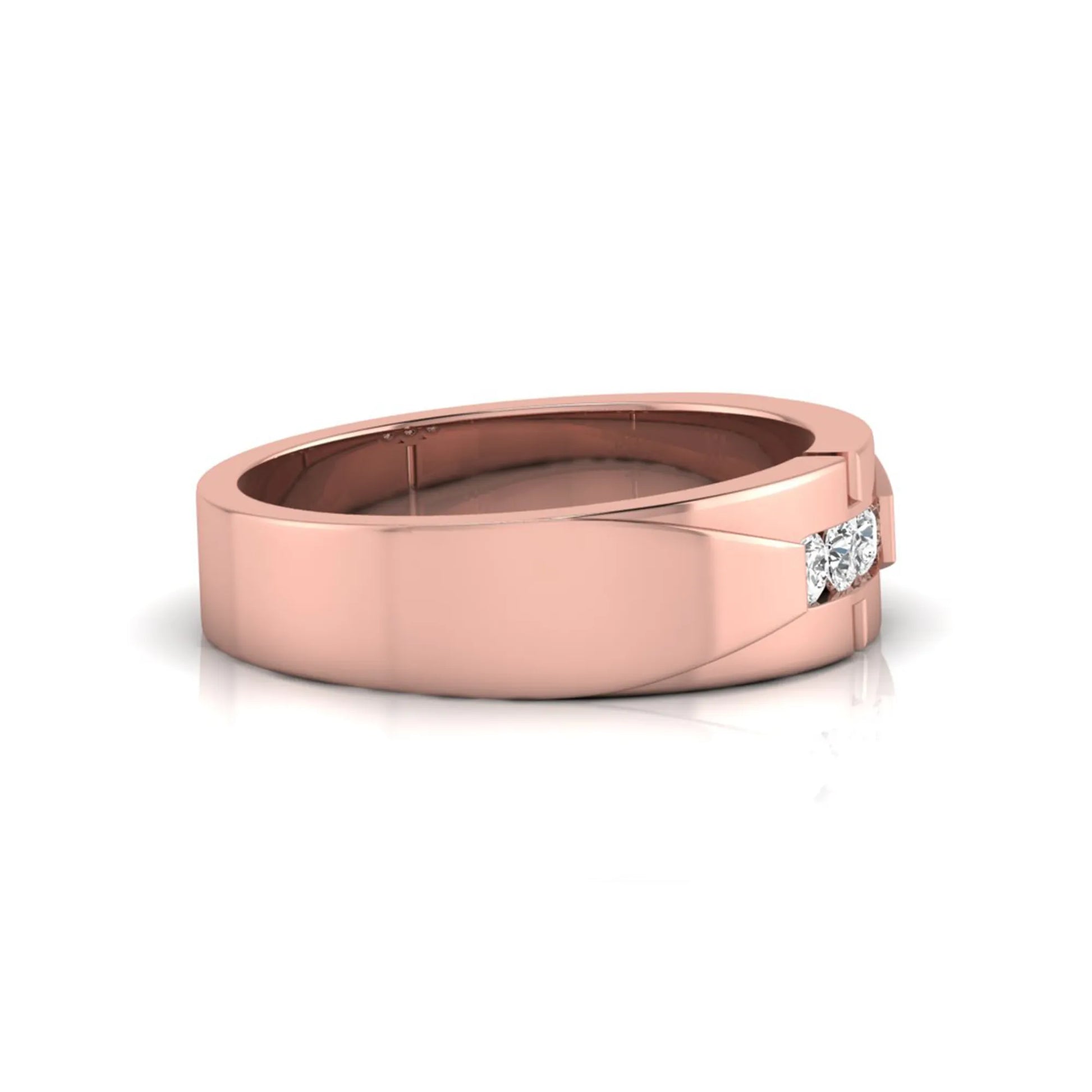 Round channel set lab grown diamond three stone ring with rose gold metal tone and modern geometric design.