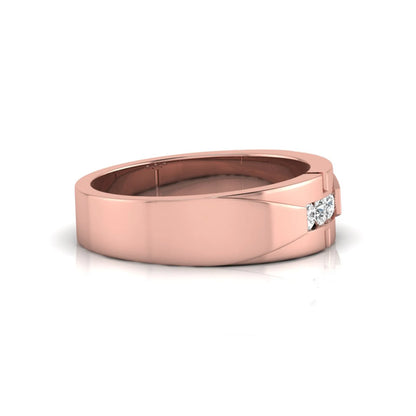 Round channel set lab grown diamond three stone ring with rose gold metal tone and modern geometric design.