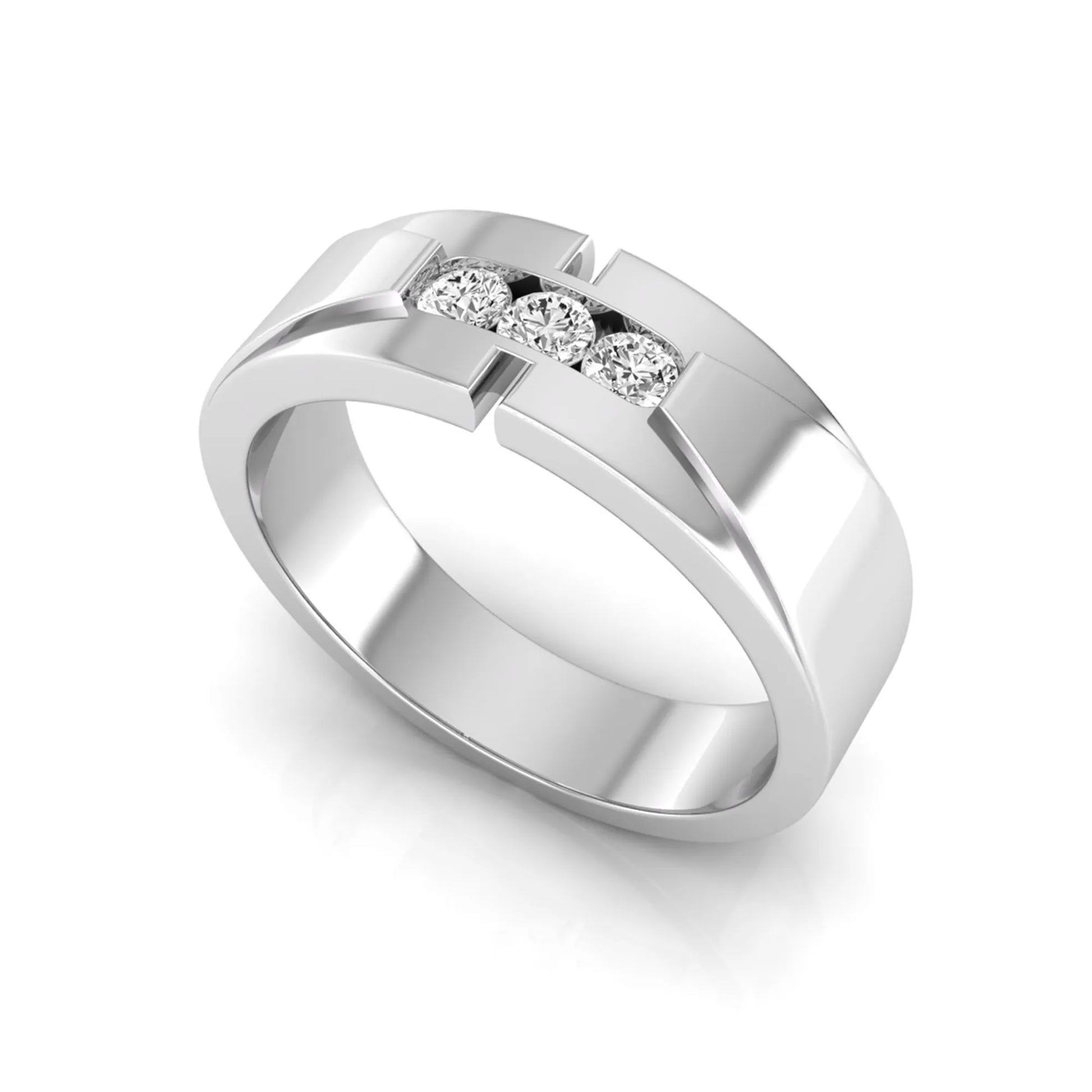 Round channel set lab grown diamond three stone ring with white gold metal tone and modern geometric design.