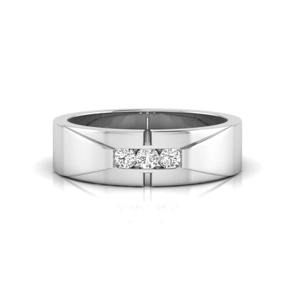 Round channel set lab grown diamond three stone ring with white gold metal tone and modern geometric design.