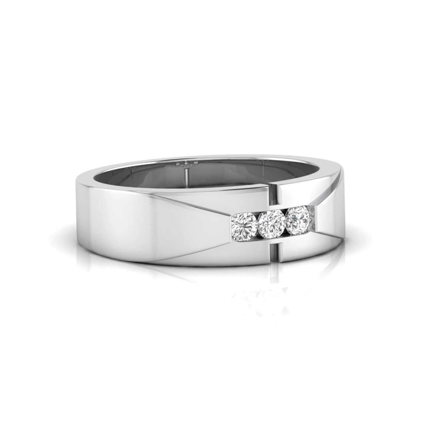 Round channel set lab grown diamond three stone ring with white gold metal tone and modern geometric design.