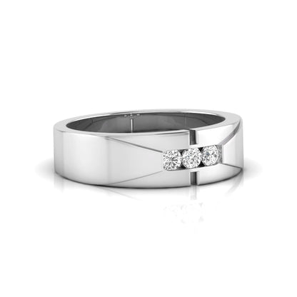Round channel set lab grown diamond three stone ring with white gold metal tone and modern geometric design.
