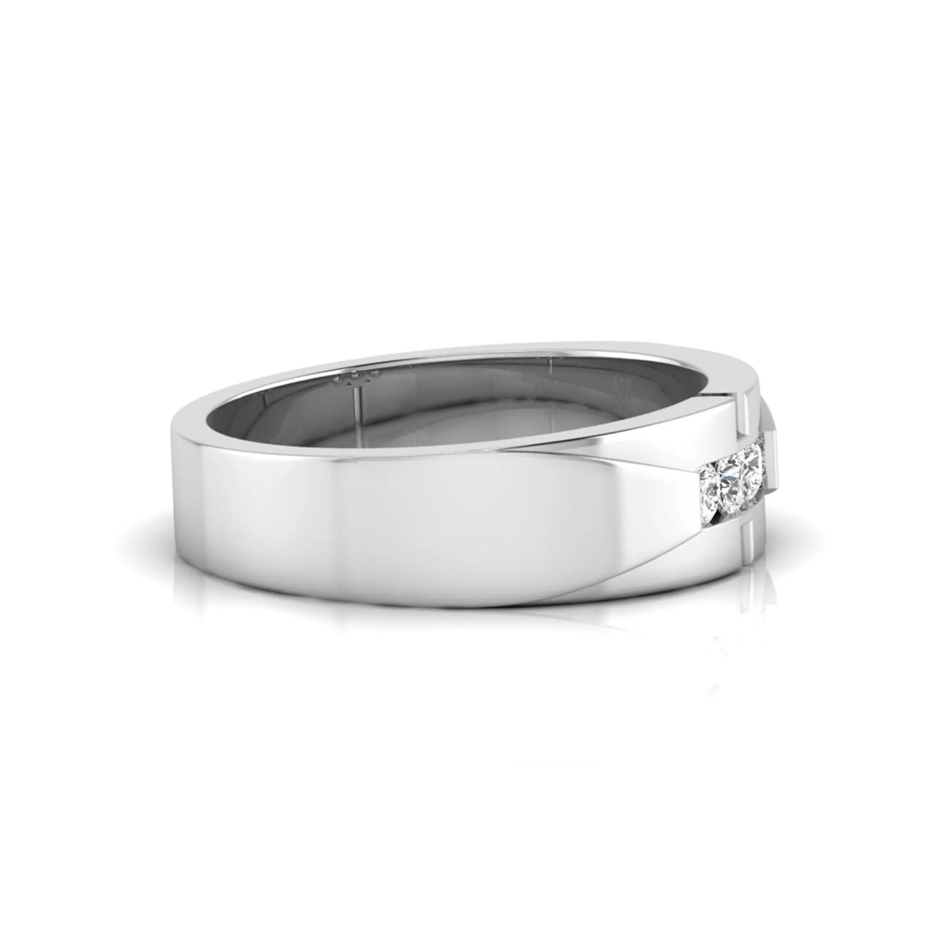 Round channel set lab grown diamond three stone ring with white gold metal tone and modern geometric design.