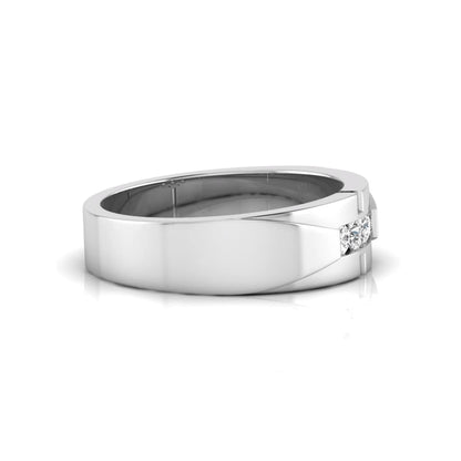 Round channel set lab grown diamond three stone ring with white gold metal tone and modern geometric design.