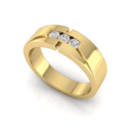 Round channel set lab grown diamond three stone ring with yellow gold metal tone and modern geometric design.