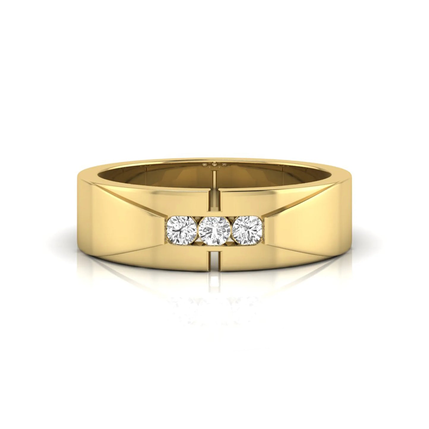 Round channel set lab grown diamond three stone ring with yellow gold metal tone and modern geometric design.