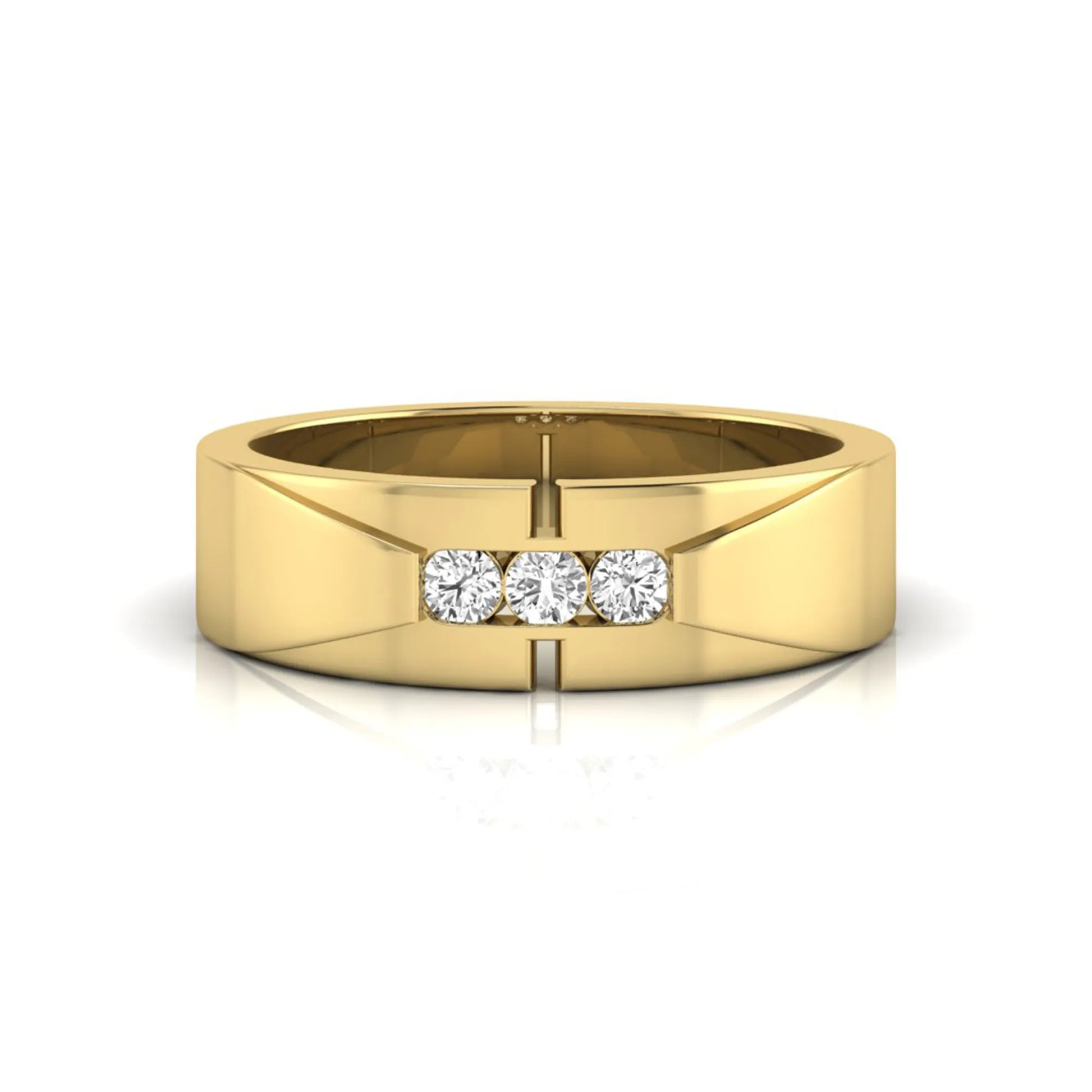 Round channel set lab grown diamond three stone ring with yellow gold metal tone and modern geometric design.